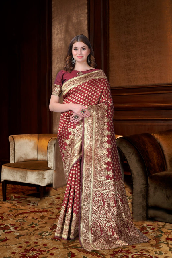 Wine Banarasi Silk With Jacquard Work Saree With Attractive Blouse Piece