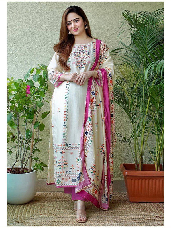 White Beautiful printed Maslin kurta  with full Sequence Work in kurta