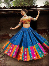 Blue Silk Real Mirror And Lace Work Lehenga Choli With Dupatta