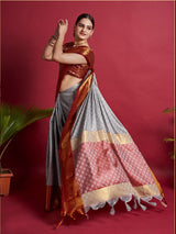 Grey Banarasi Silk Saree With Attractive Blouse Piece