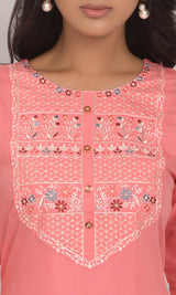 Pink Designer Rayon Embroidery Work Kurta Set With Dupatta