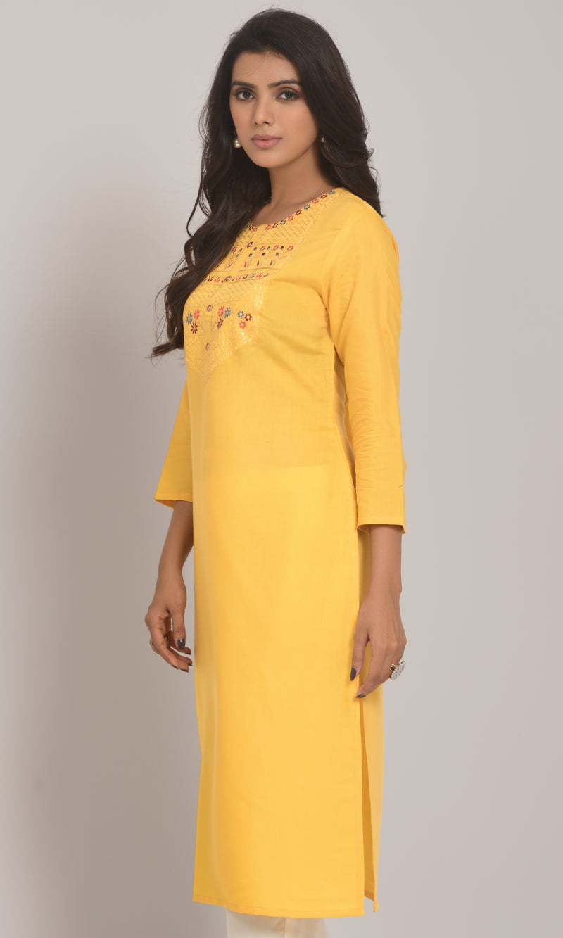 Yellow latest designer cotton kurti for girl