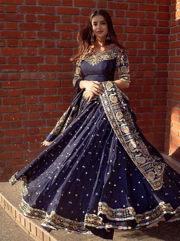 Blue Silk Lehenga Choli With Embroidery Mirror Work