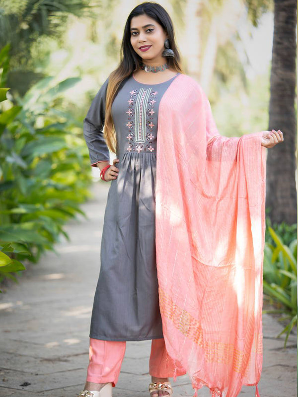 Grey Rayon Embroidery Work Kurta Set With Dupatta