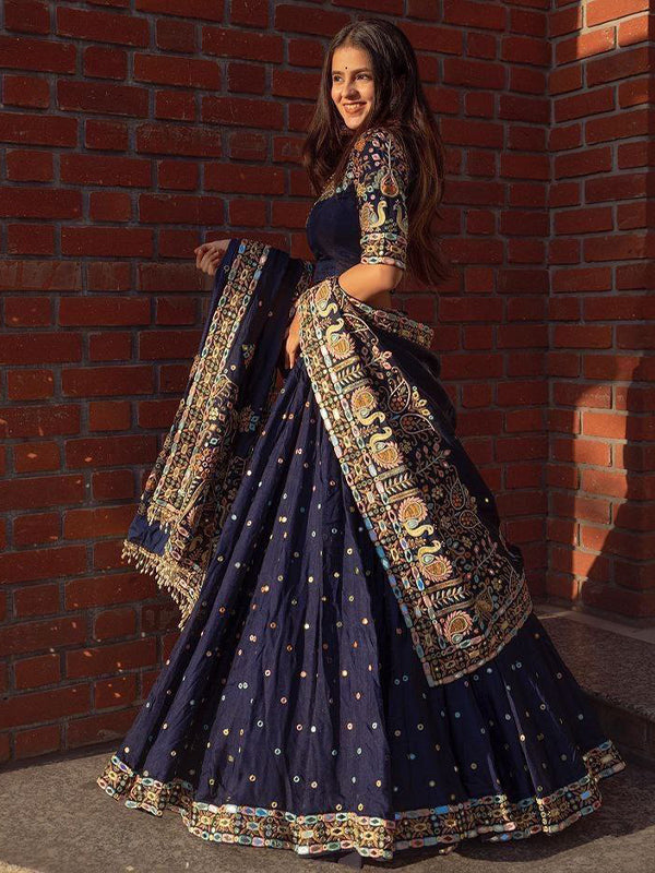 Blue Silk Lehenga Choli With Embroidery Mirror Work