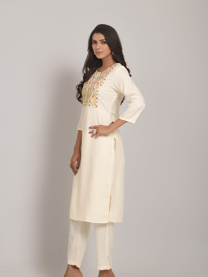 White Designer Rayon Embroidery Work Kurta Set With Dupatta