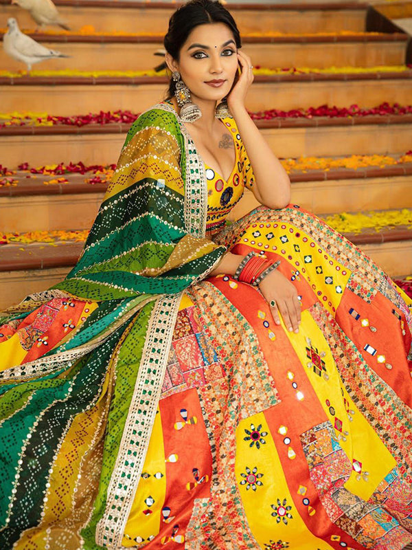 Yellow Silk Mirror Work Lehenga Choli With Dupatta