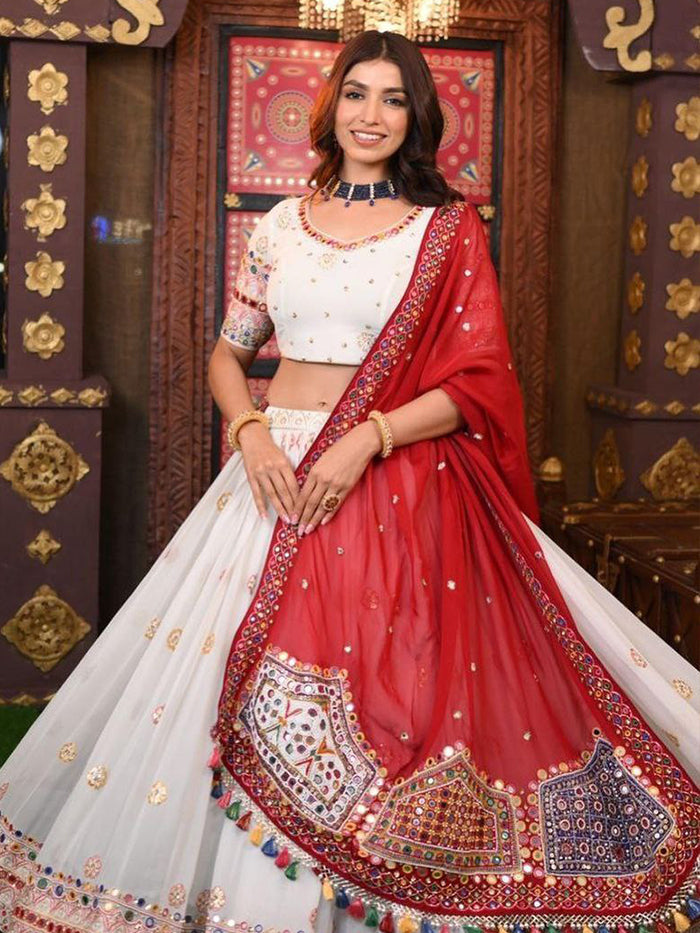 White Silk Mirror Work Lehenga Choli With Dupatta