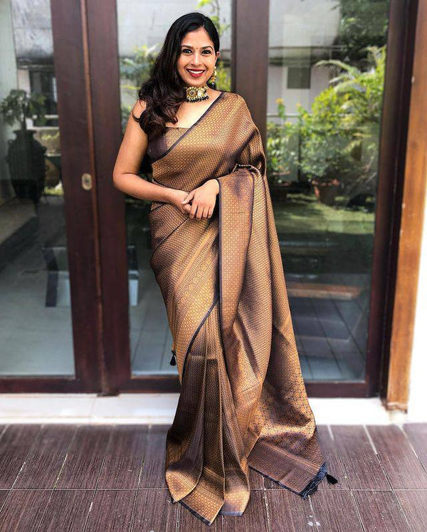 Brown Silk With Jacquard Work Saree With Attractive Blouse Piece