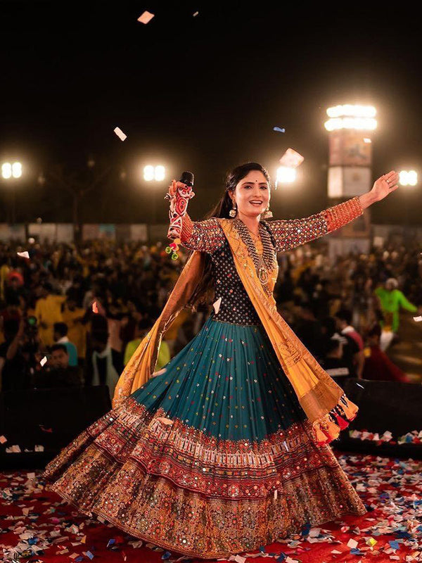 Blue Silk Mirror Work Lehenga Choli With Dupatta