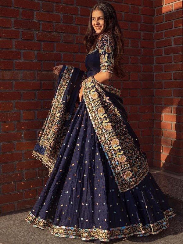 Blue Silk Mirror Work Lehenga Choli With Dupatta