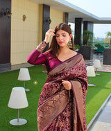 Wine Banarasi Silk With Jacquard Work Saree With Attractive Blouse Piece
