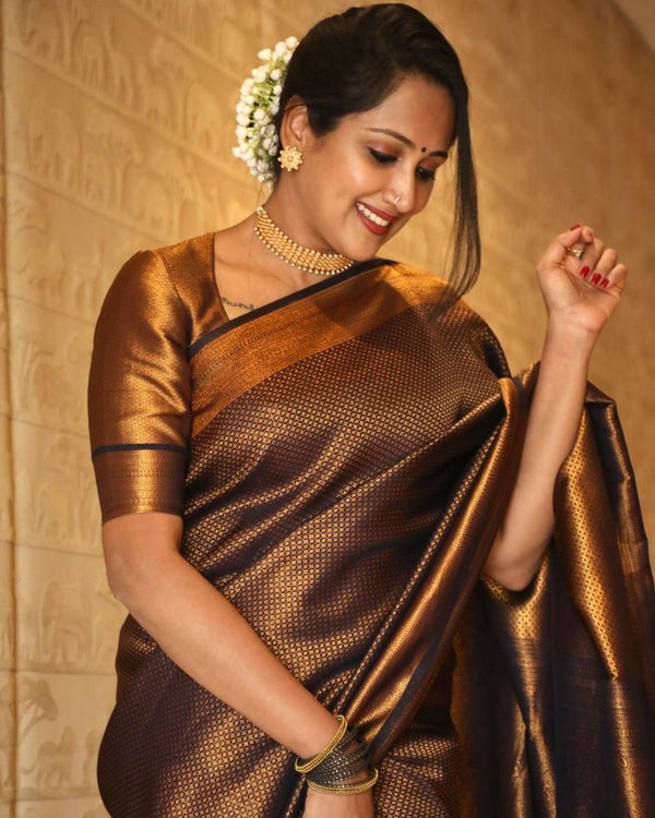 Brown Banarasi Silk With Jacquard Work Saree With Attractive Blouse Piece