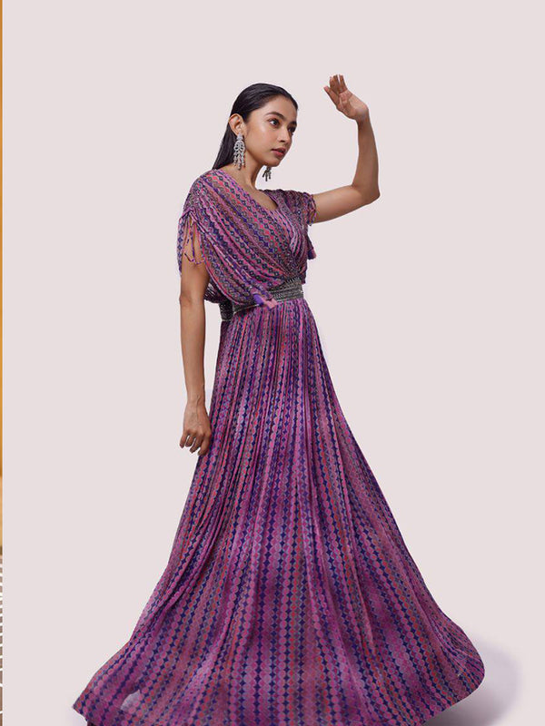 purple heavy fox georgette &digital print work & hend khatli work gown