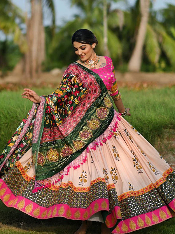 Cream Designer Silk Lehenga Choli With Mirror Work