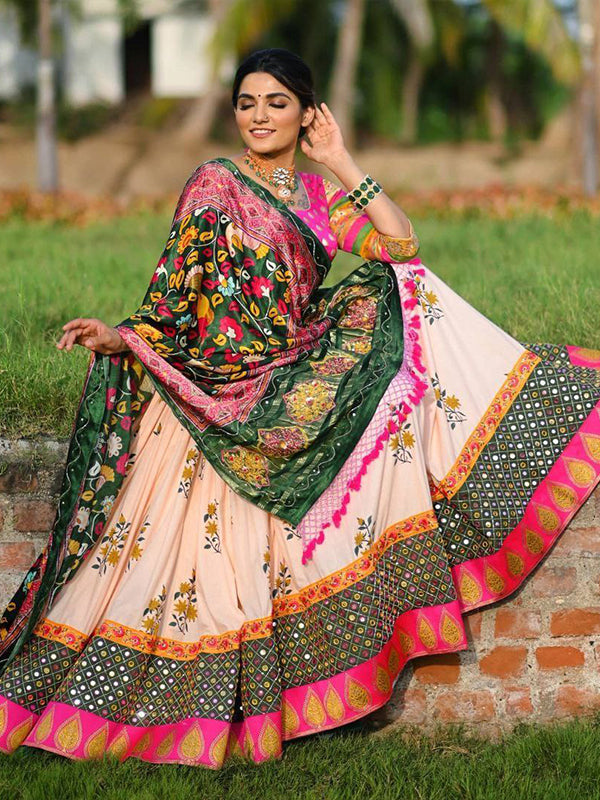 Cream Designer Silk Lehenga Choli With Mirror Work