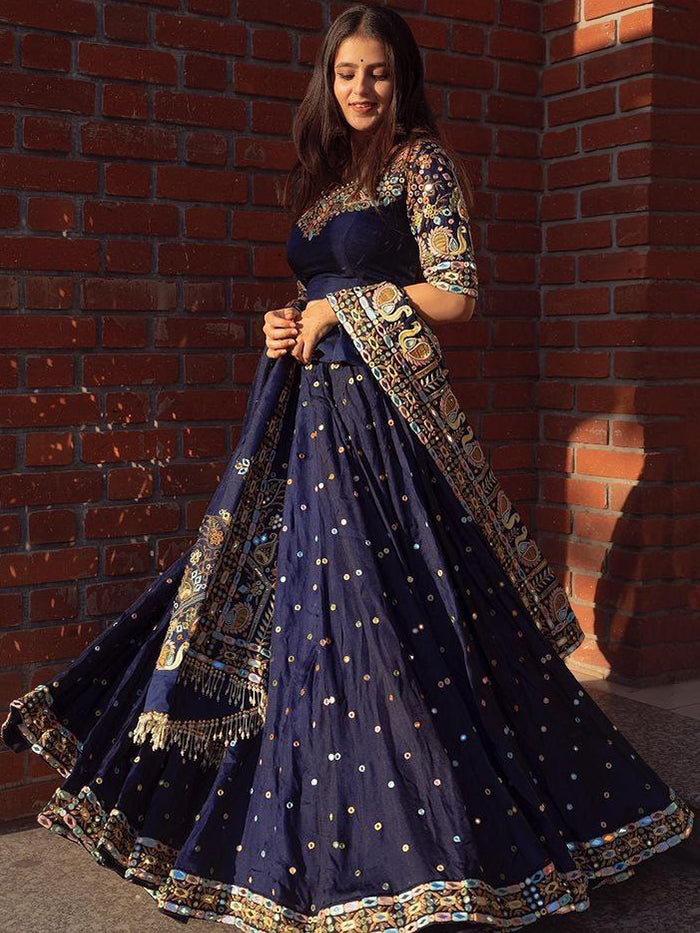 Blue Silk Mirror Work Lehenga Choli With Dupatta