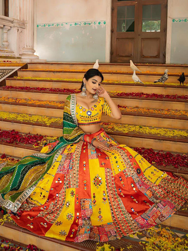 Yellow Silk Mirror Work Lehenga Choli With Dupatta