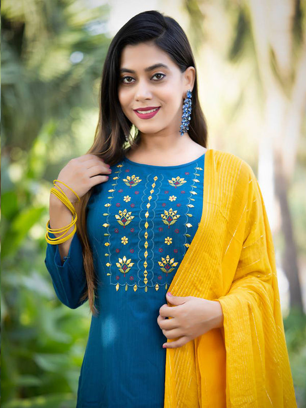 blue designer cotton silk kurta set for girls