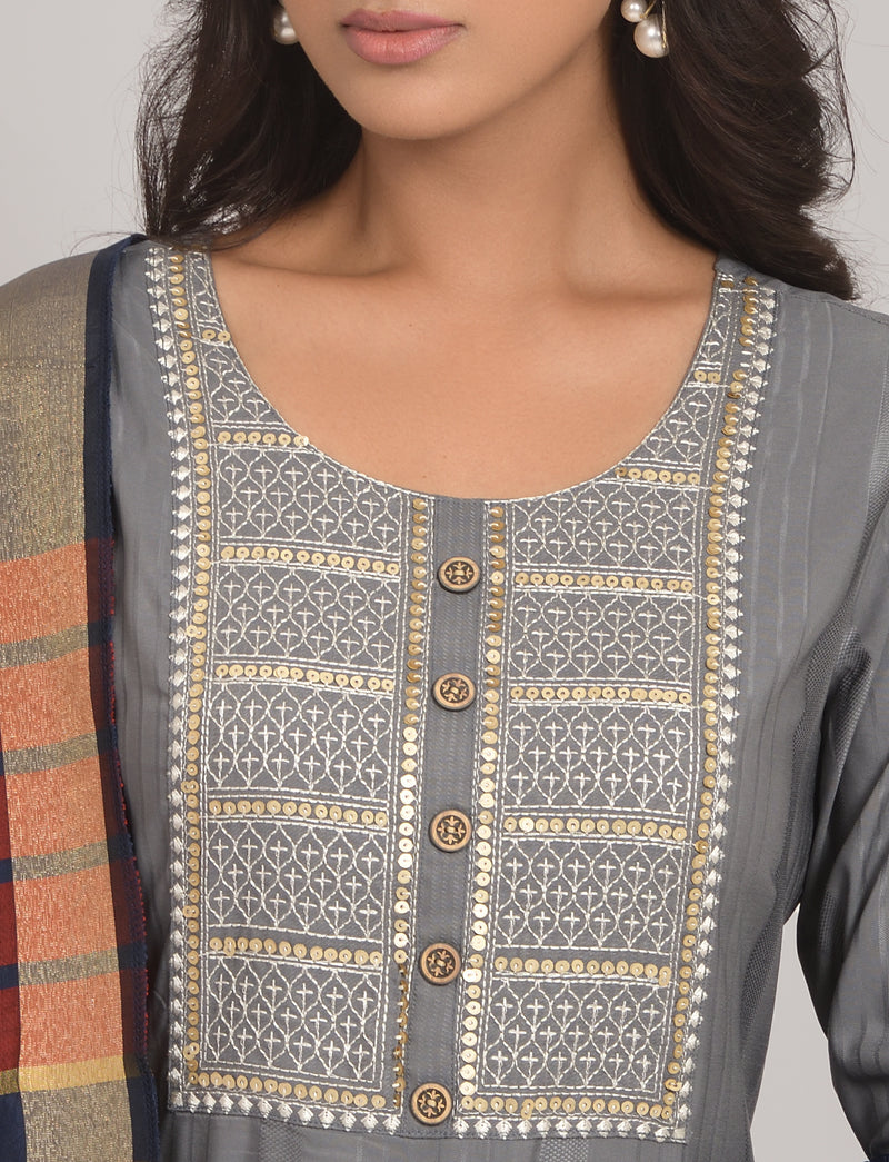 Grey Sequence Embroidered Kurta With Lycra Pant And Jacquard Dupata