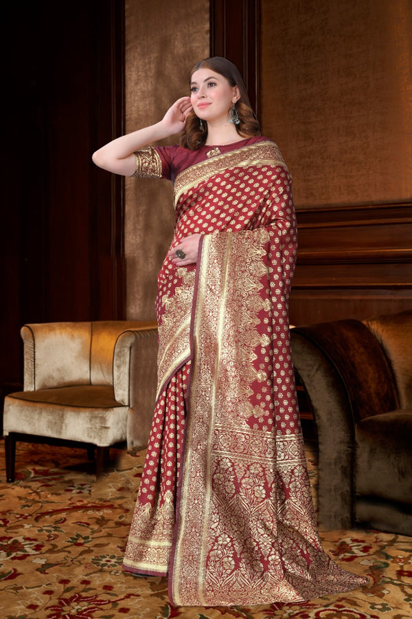 Wine Banarasi Silk With Jacquard Work Saree With Attractive Blouse Piece