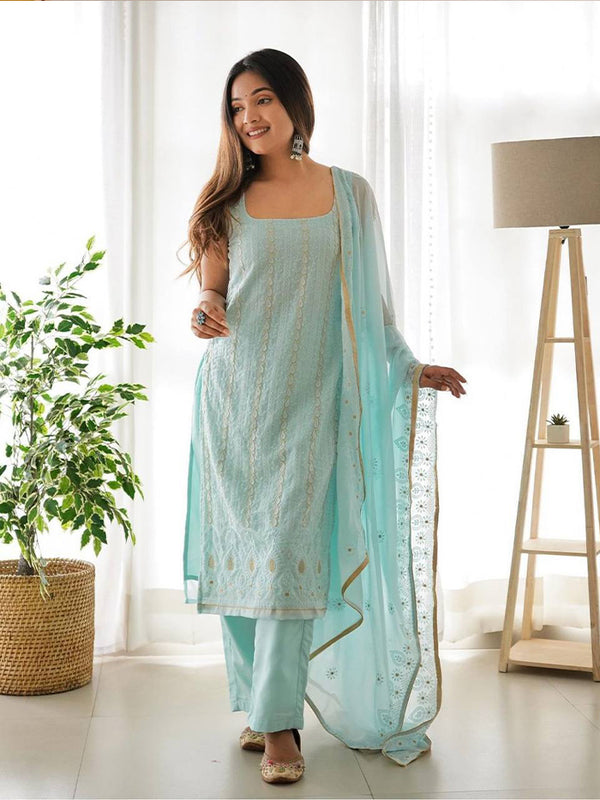 Sky Blue Fox Georgette With Cotton Thread Embroidery Work Women Dress