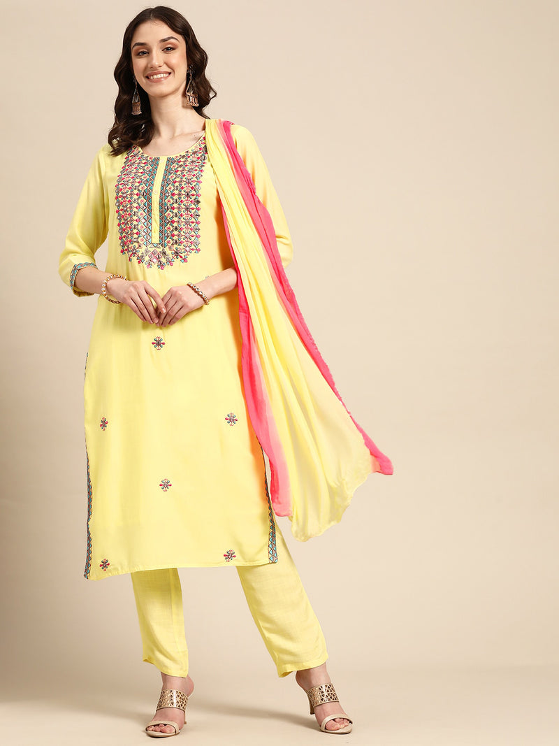 Yellow Sequence Embroidered Silk Blend kurta set
