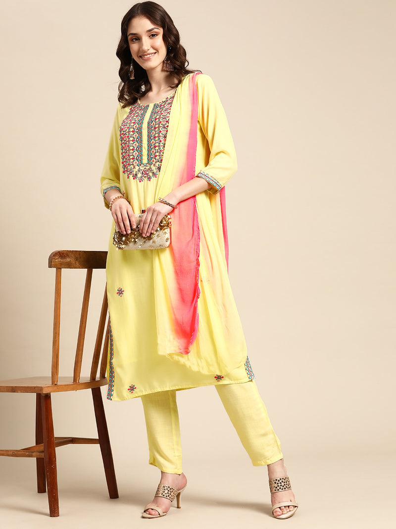 Yellow Sequence Embroidered Silk Blend kurta set