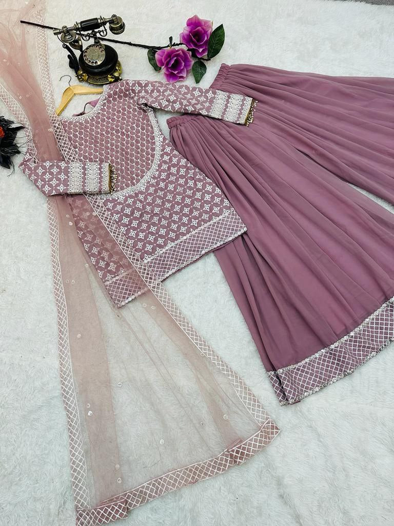 Purple fox georgette Embroidery Work top with sarara and dupatta.