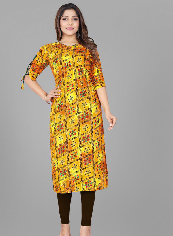 Yellow Designer Rayon Bandhni Kurta Daily Wear For Women's
