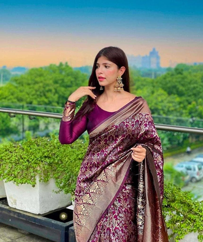 Wine Banarasi Silk With Jacquard Work Saree With Attractive Blouse Piece