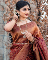 Brown Designer Silk With Jacquard Work Saree With Attractive Blouse Piece