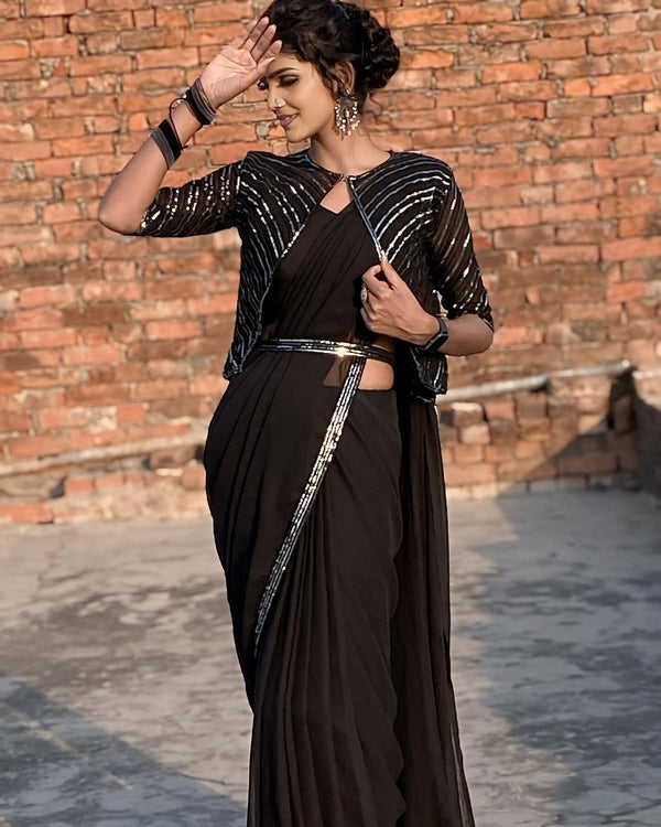 Black Faux georgette Embroidery Work ready to wear saree