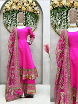 pink tapeta silk kurta with plazo with dupatta for girl