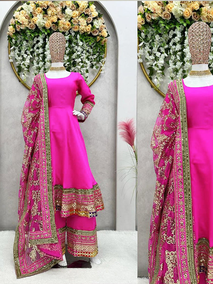 pink tapeta silk kurta with plazo with dupatta for girl