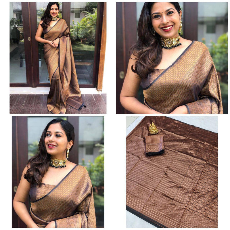 Brown Silk With Jacquard Work Saree With Attractive Blouse Piece