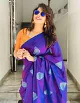 Blue Banarasi Silk With Jacquard Work Saree With Amazing Blouse Piece