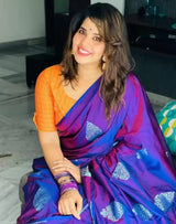 Blue Banarasi Silk With Jacquard Work Saree With Amazing Blouse Piece
