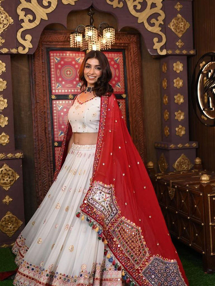 White Silk Mirror Work Lehenga Choli With Dupatta