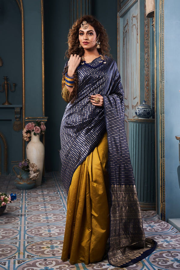 Blue Banarasi Silk With Jacquard Work Saree With Attractive Blouse Piece