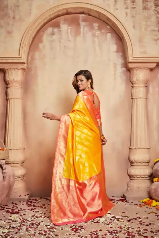 Orange Silk With Jacquard Work Saree With Amazing Blouse Piece