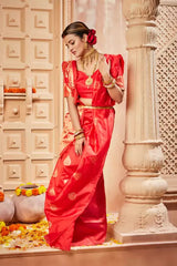 Red Banarasi Silk With Jacquard Work Saree With Attractive Blouse Piece