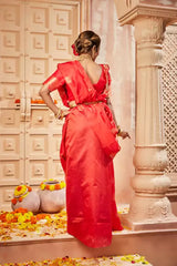 Red Banarasi Silk With Jacquard Work Saree With Attractive Blouse Piece