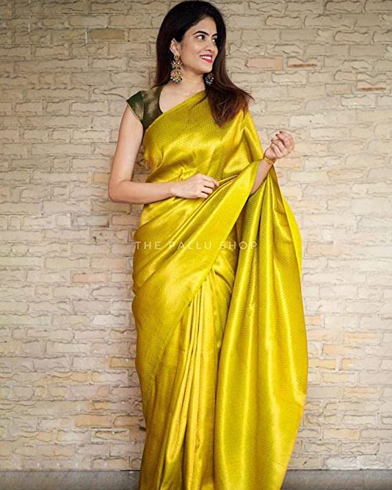 Yellow Designer Banarasi Silk With Jacquard Work Saree With Attractive Blouse Piece