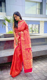 Orange Silk With Jacquard Work Saree With Attractive Blouse Piece
