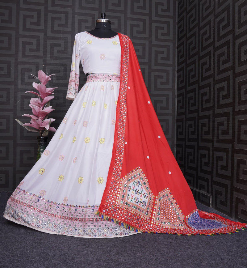 White Silk Mirror Work Lehenga Choli With Dupatta