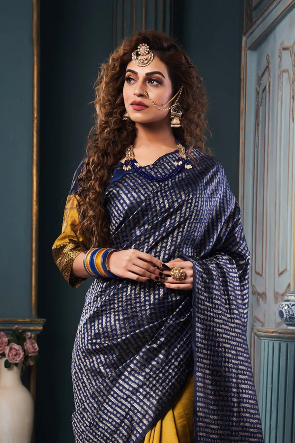 Blue Banarasi Silk With Jacquard Work Saree With Attractive Blouse Piece