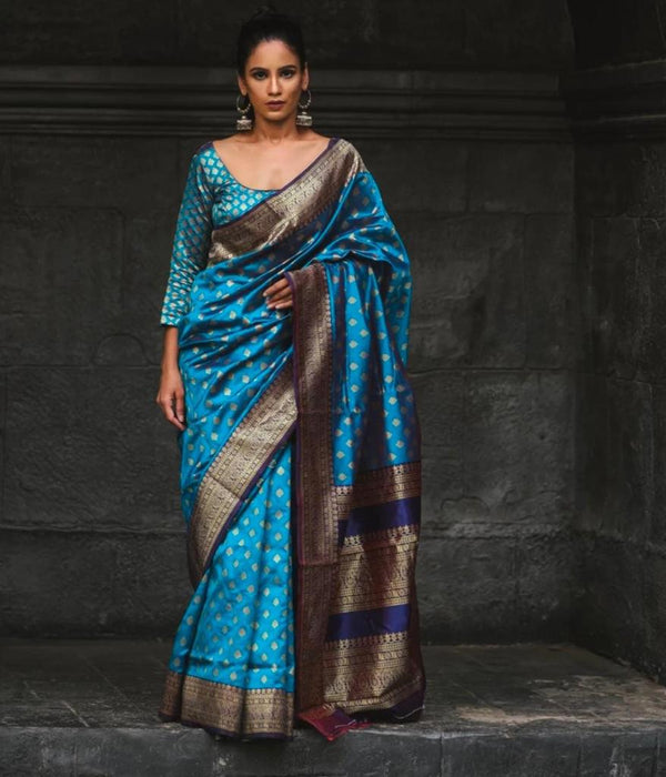 Blue Designer Silk Saree With Jacquard Work