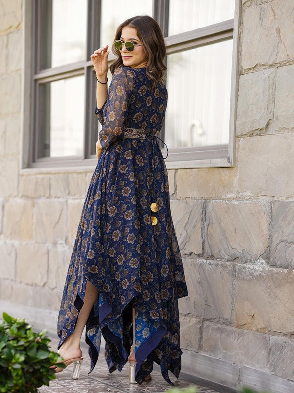 blue faux georgette with digital print work gown