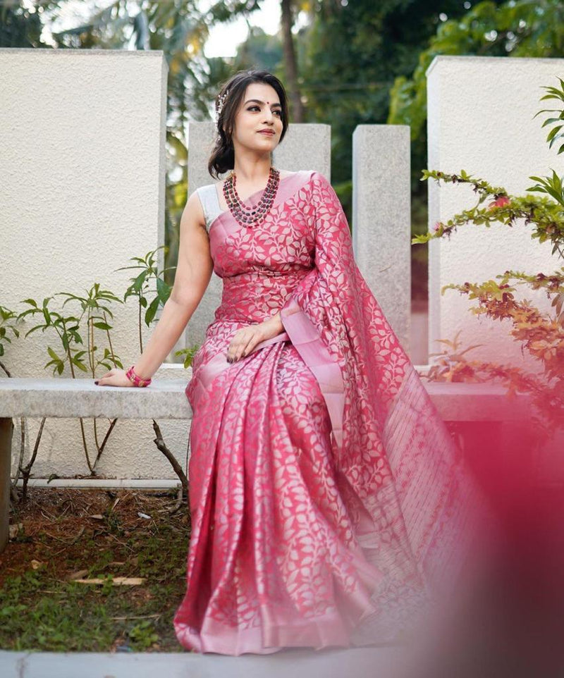 Pink Silk With Jacquard Work Saree With Amazing Blouse Piece